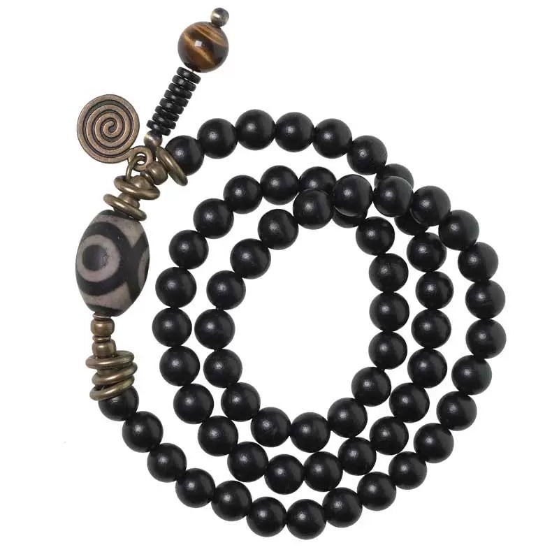 Vintage Multi-Layer Ebony Bead Bracelet with Tiger Eye & Dzi Bead for Protection