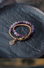 Vintage Double-Wrap Amethyst Phantom Quartz Bracelet – Brass Accents & Spiritual Style