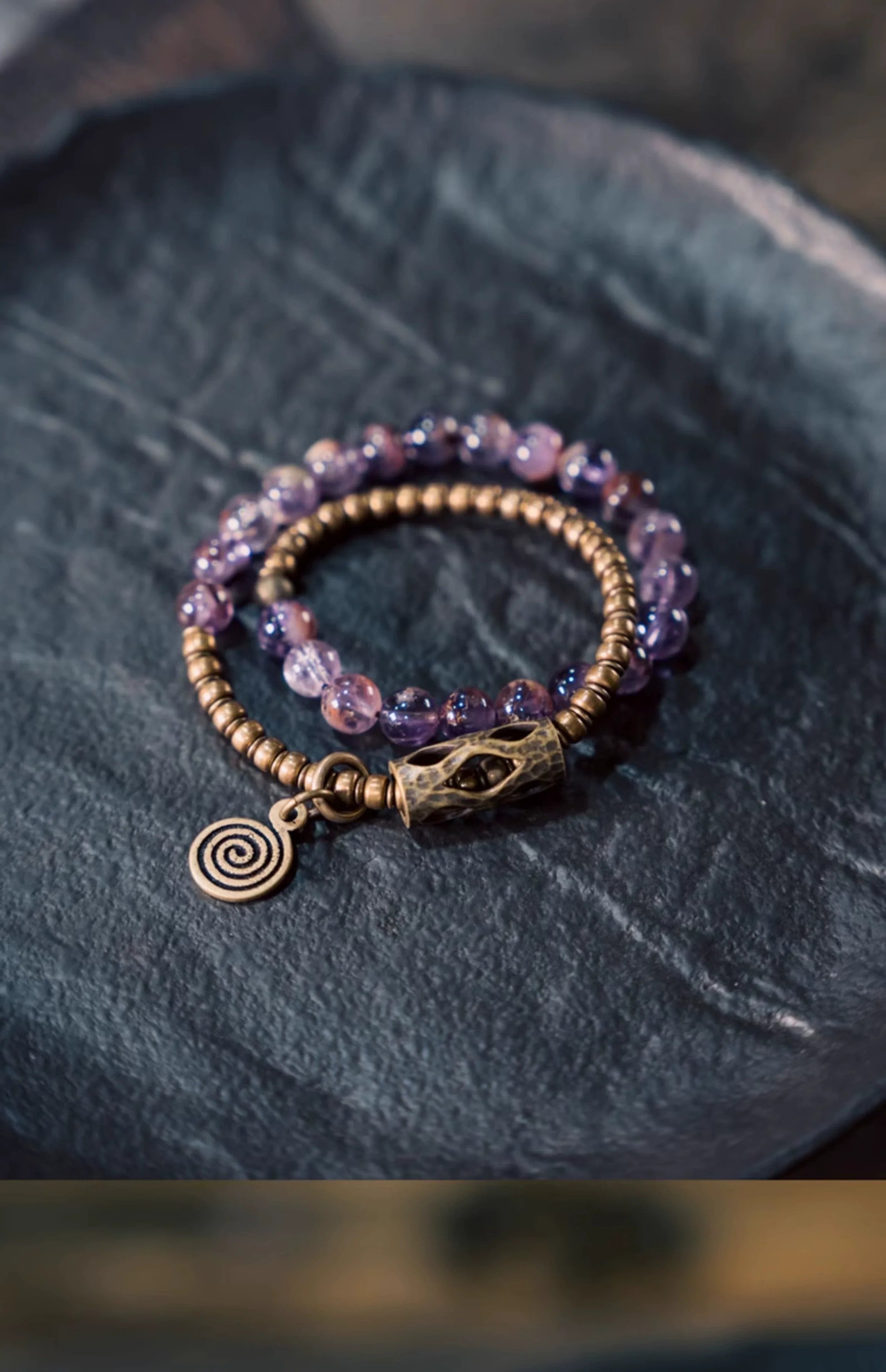 Vintage Double-Wrap Amethyst Phantom Quartz Bracelet – Brass Accents & Spiritual Style