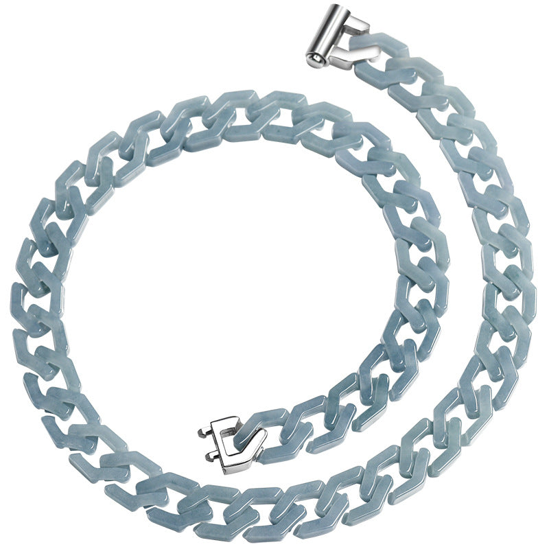Natural A-Grade Blue Water Jadeite Cuban Link Chain Bracelet & Necklace – Hip-Hop Style Titanium Steel Jewelry for Men & Women