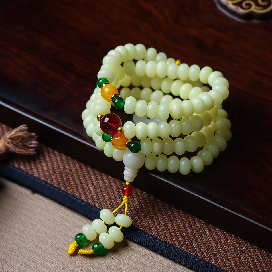 Natural Weathered Milky Yellow Bodhi Bracelet with Stone Accents – 108 Mala Beads for Women