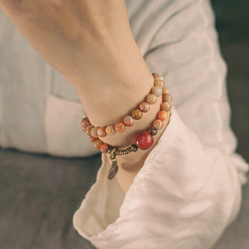 Coral Stone & Large Red Agate Bracelet with Brass Accents · Vintage Multi-Layer Wrap for Women