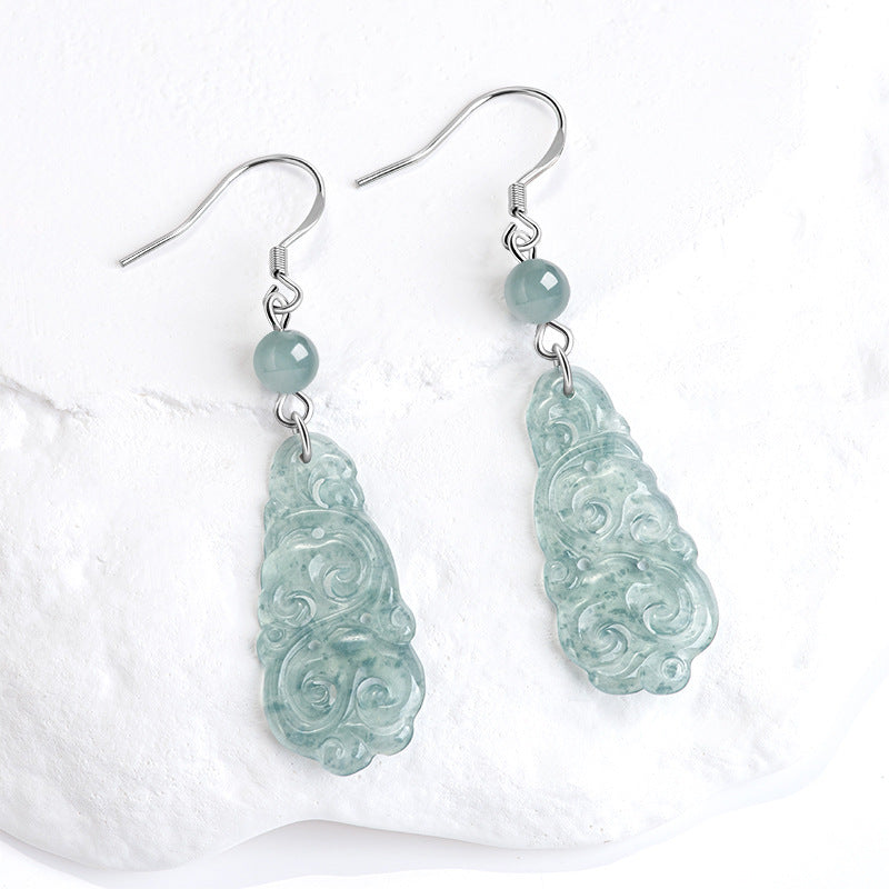 Natural A-Grade Blue Water Jadeite Ruyi Earrings – S925 Silver, Ice-Type Jade, Ancient-Style Women’s Earrings