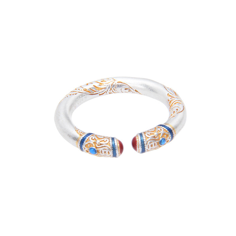 999 Pure Silver Gold-Inlaid Honeysuckle Pattern Ring