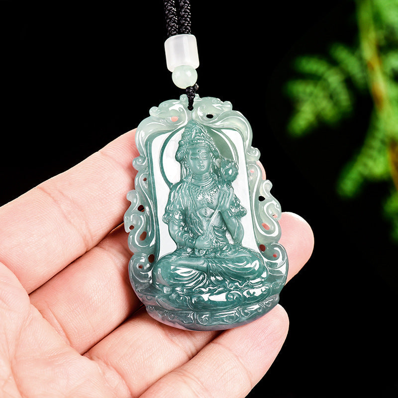 Natural Blue Water Jadeite Mahasthamaprapta Guanyin Pendant – A-Grade Ice-Type Jade, Compassion & Protection Talisman