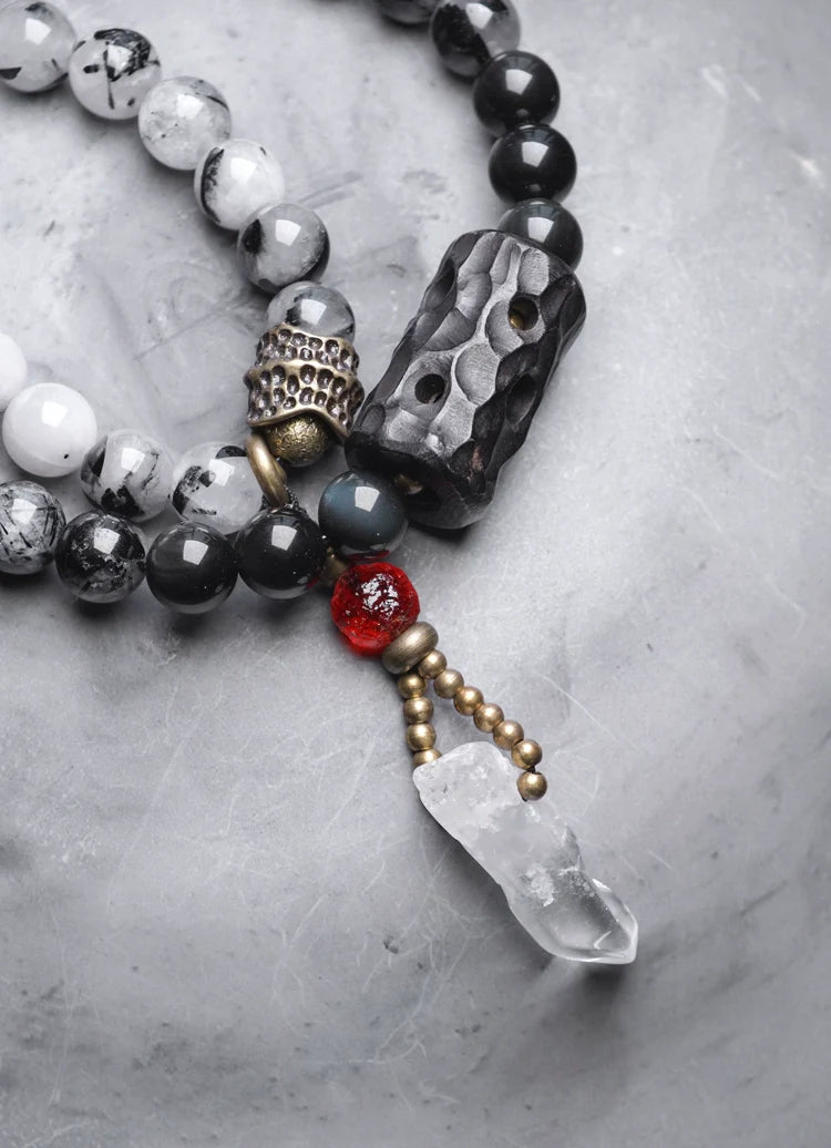 Double-Layer Black Rutilated Quartz Bracelet with White Crystal Pendant for Protection & Mental Clarity
