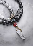 Double-Layer Black Rutilated Quartz Bracelet with White Crystal Pendant for Protection & Mental Clarity