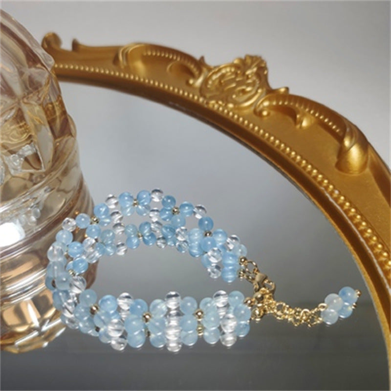 Stylish and Fresh Aquamarine Bracelet Double-layer Design White Crystal
