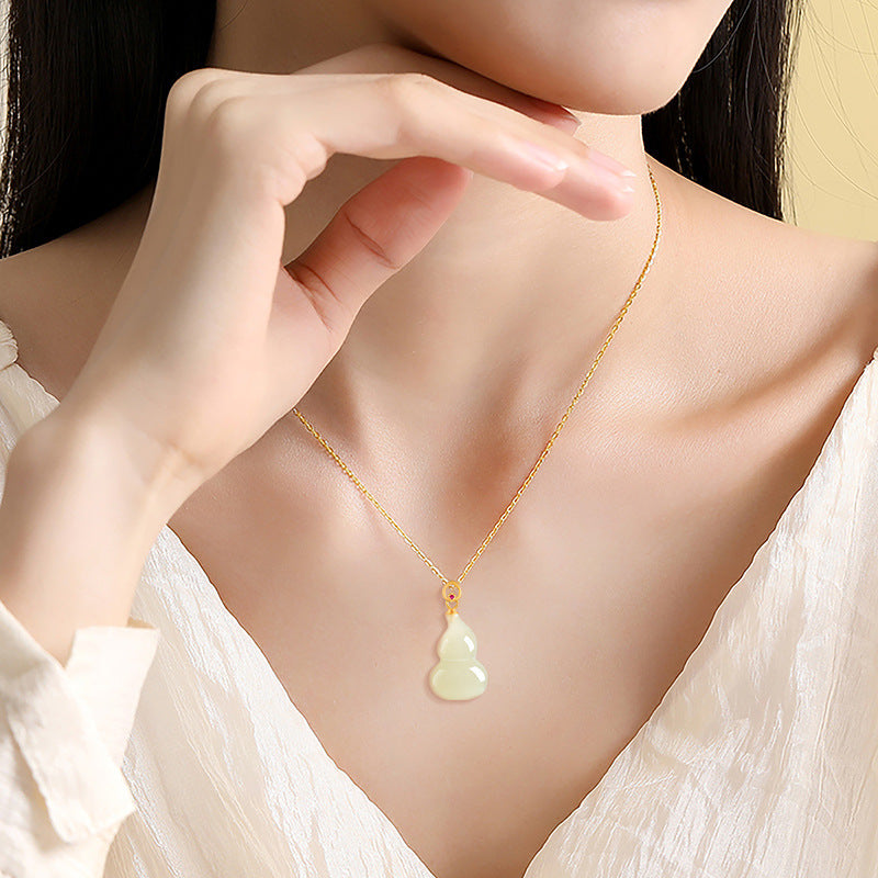 Natural Aged Hetian White Jade Gourd Pendant for Women
