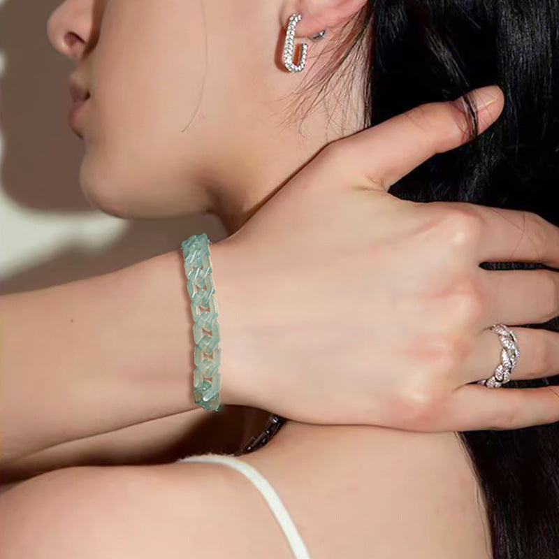 Natural A-Grade Blue Water Jadeite Cuban Link Bracelet – Ice-Type Jade, Titanium Steel, Hip-Hop Style for Women