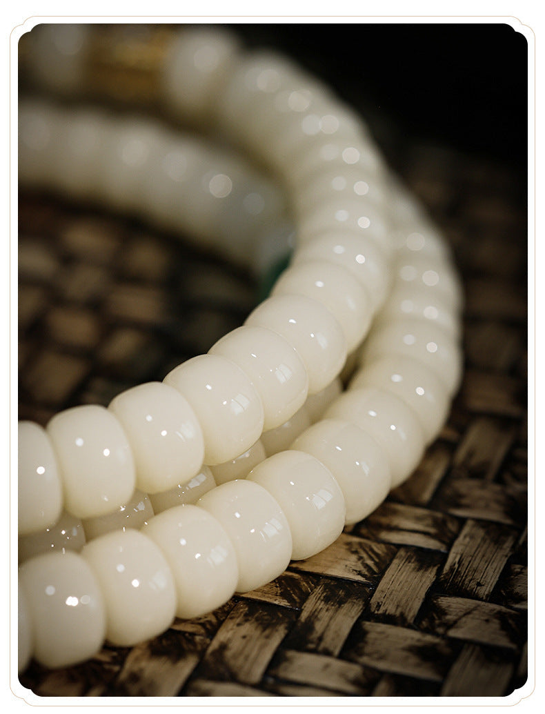 Straight-Cut White Jade Bodhi Root 108 Mala (9×6mm) – Clean & Minimalist Design