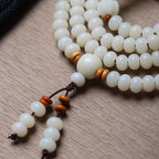 White Jade Bodhi 108 Mala Beads Bracelet with Hand-Carved Lotus Beads and Olive Pit Spacers