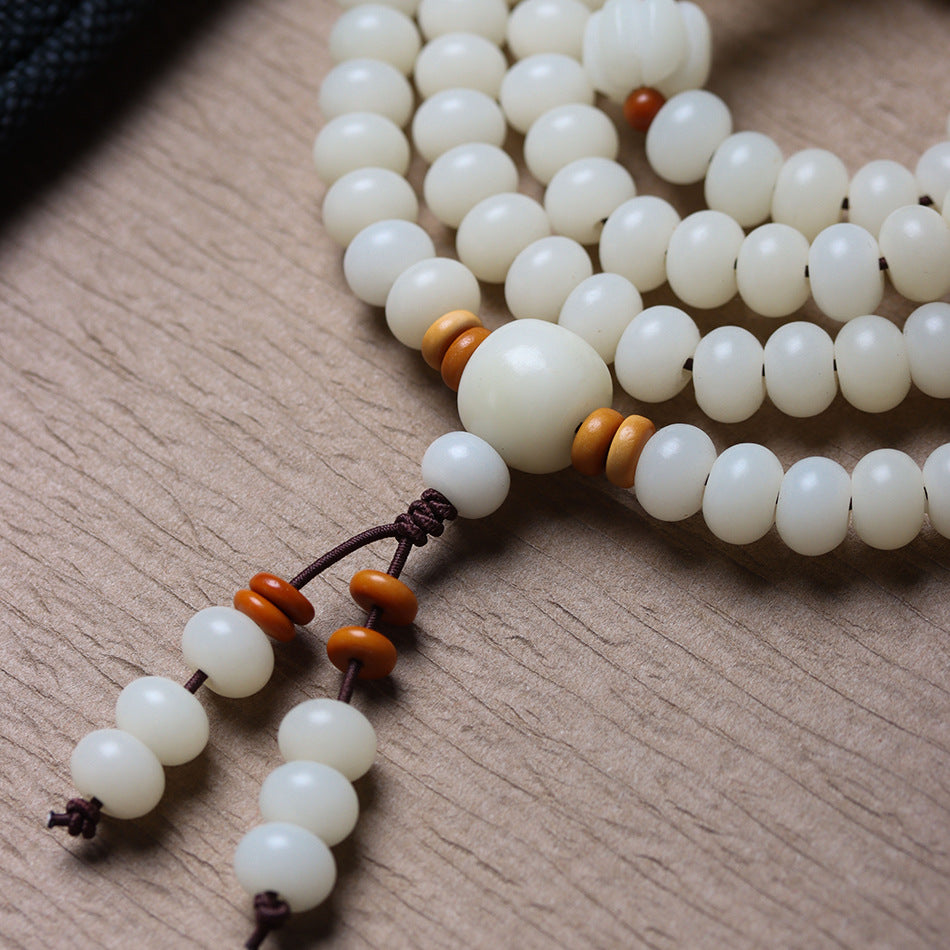 White Jade Bodhi 108 Mala Beads Bracelet with Hand-Carved Lotus Beads and Olive Pit Spacers