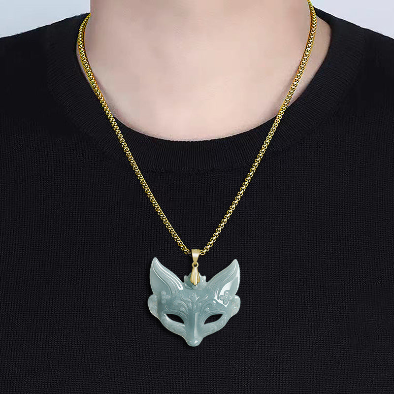 Natural Ice Blue Jadeite Fox Mask Pendant – Genuine A-Grade Blue Water Jade with S925 Silver, Unisex Talisman Necklace for Luck & Protection