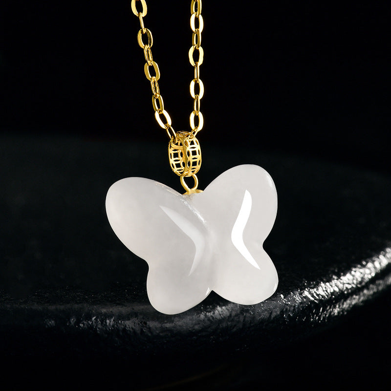 Natural Aged Hetian White Jade Butterfly Harmony Pendant for Women