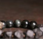 Tibetan Vintage Ebony Wood, Black Obsidian & Brass Bracelet – For Strength & Protection