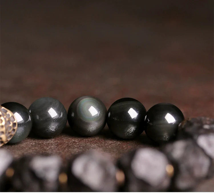 Tibetan Vintage Ebony Wood, Black Obsidian & Brass Bracelet – For Strength & Protection
