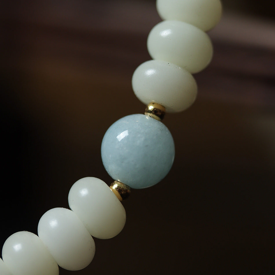 108 Mala Beads White Jade Bodhi Beads Bracelet with Boxwood Carved Heart Sutra Guru Bead