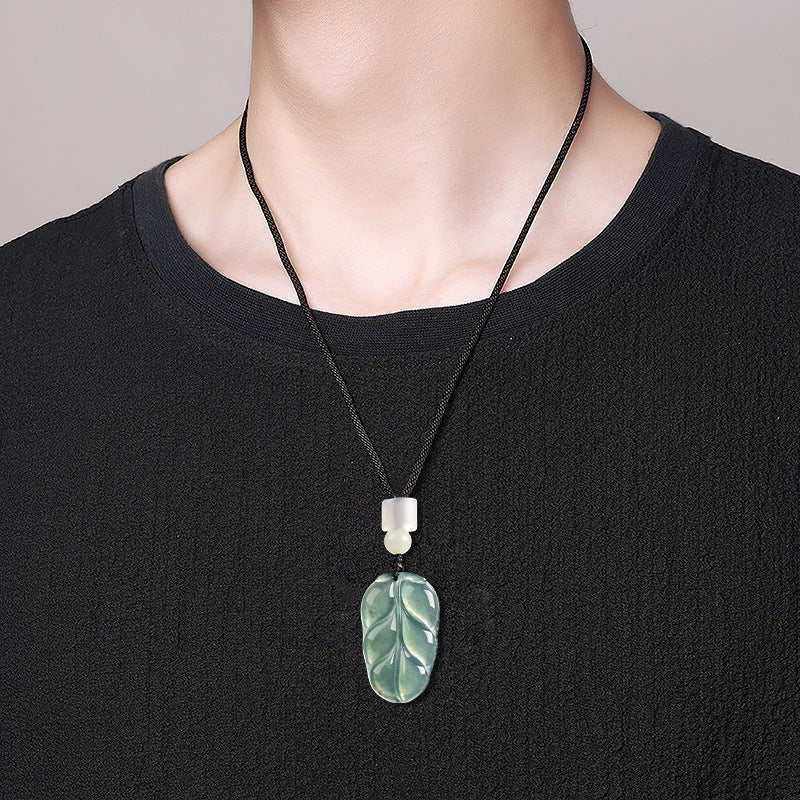 Natural Blue Water Jadeite Leaf Pendant – A-Grade Jade, Elegant Spiritual Necklace