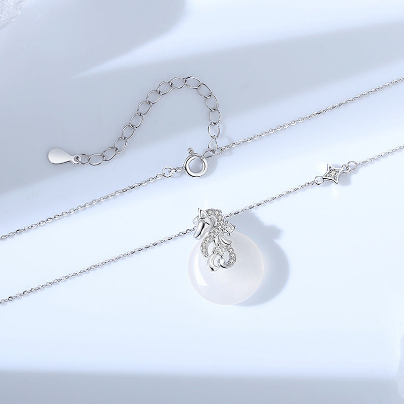 Women’s S925 Silver Star Dream Horse Peace Circle Necklace, White Jade Zodiac Horse Jewelry