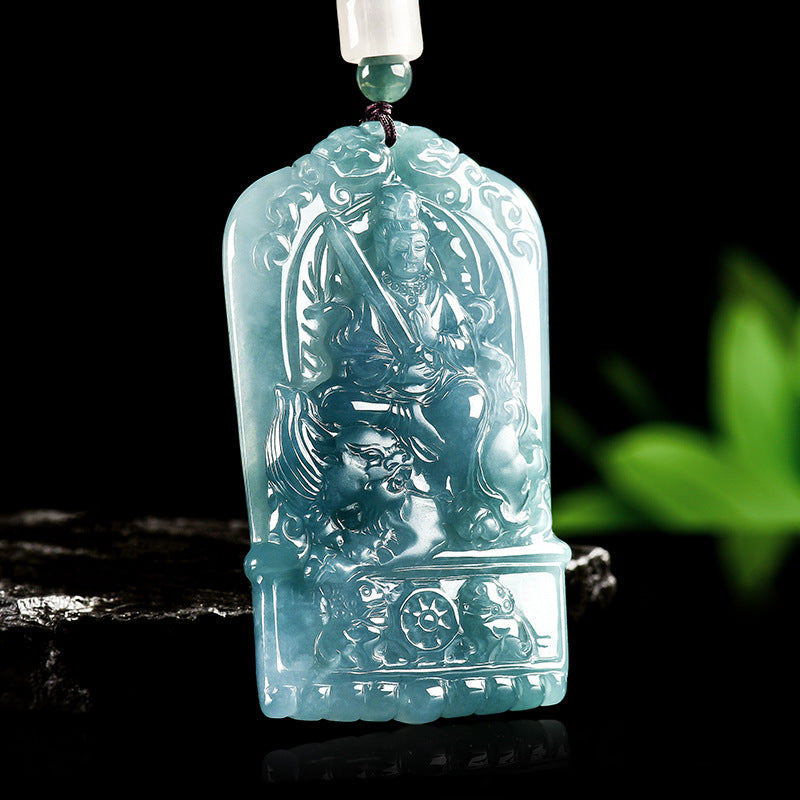 Natural Blue Water Jadeite Manjushri Pendant – A-Grade Jade, Zodiac Rabbit Guardian Talisman, Spiritual Amulet