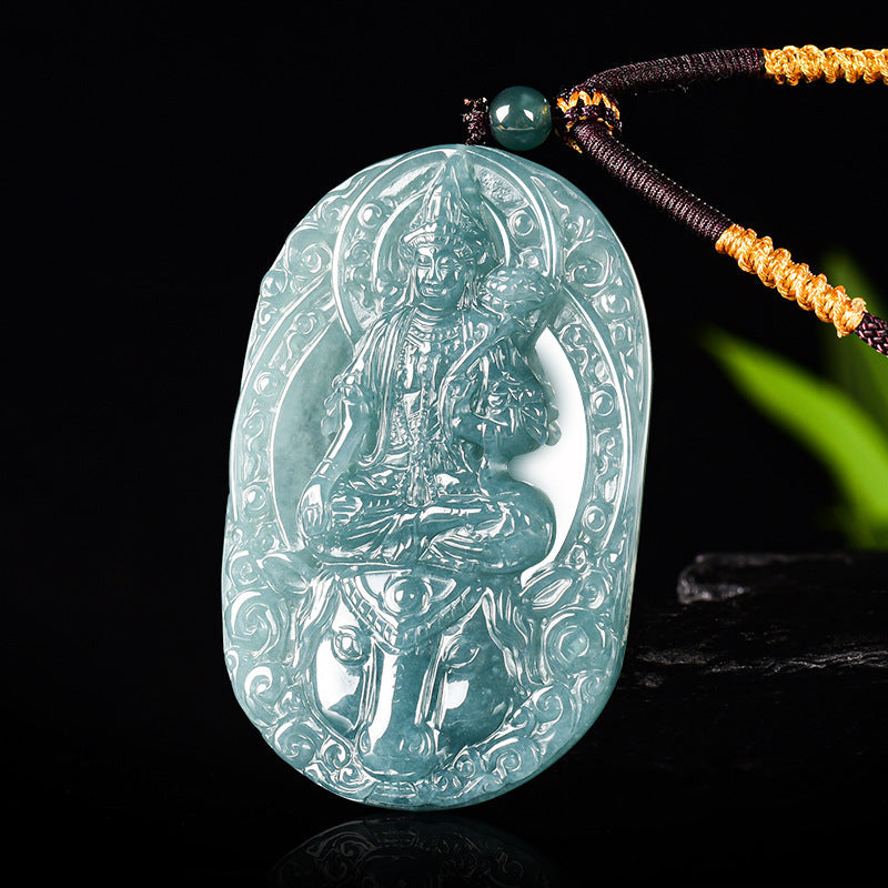 Natural Ice Blue Jadeite Mahasthamaprapta Bodhisattva Pendant – A-Grade Blue Water Jade, Zodiac Horse Guardian Talisman