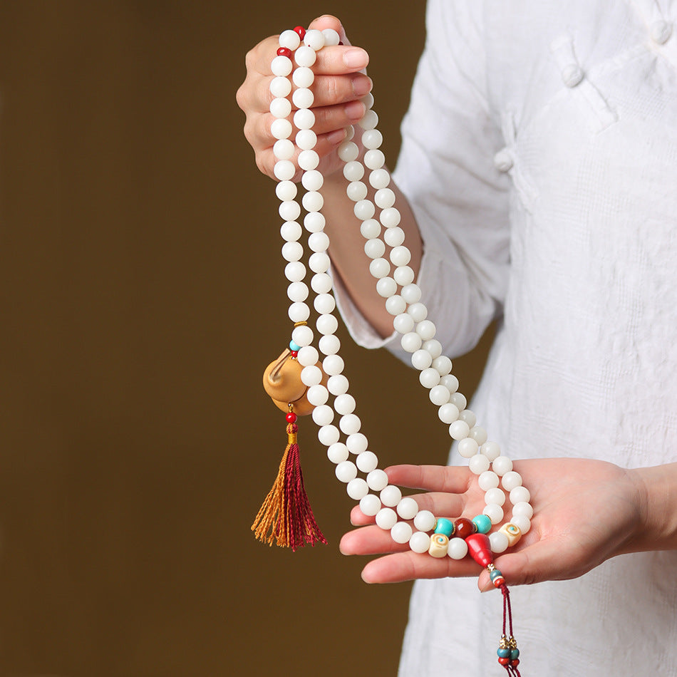 High-Polish White Jade Bodhi 108 Beads Bracelet with Hand-Carved Gourd Charm – Handheld or Crossbody Style