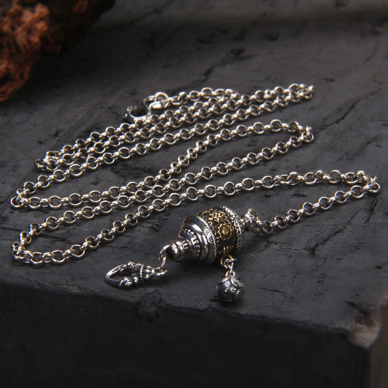 925 Sterling Silver Tibetan Prayer Wheel Pendant Sweater Chain