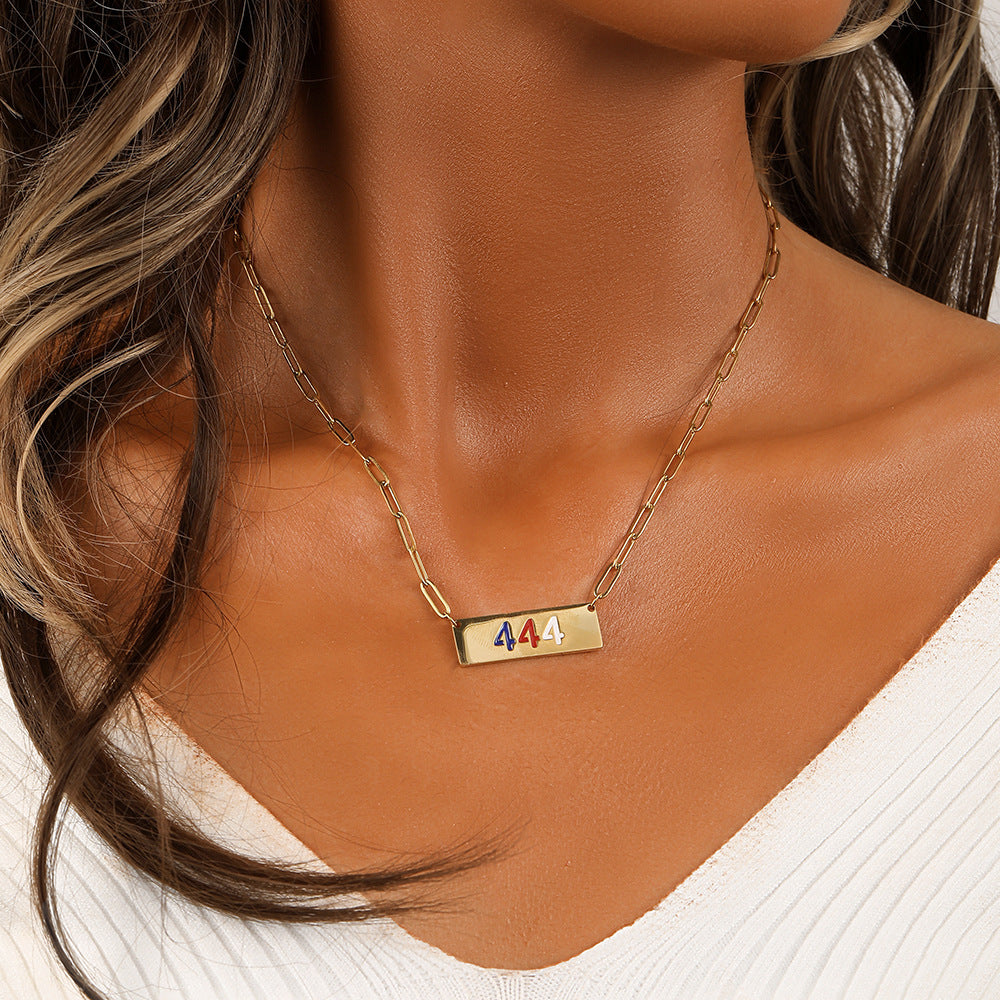 S925 Silver Angel Number 444 Color Dripping Oil Square Necklace for Women