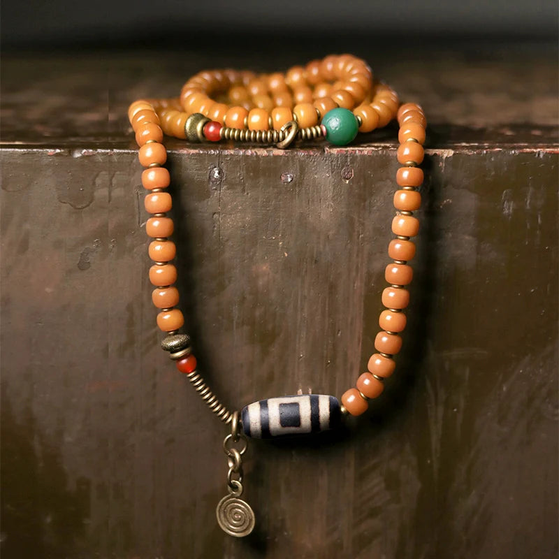 Vintage Multi-Layer Bodhi Seed & Dzi Bead Unisex Bracelet · Buddhist Mala Jewelry