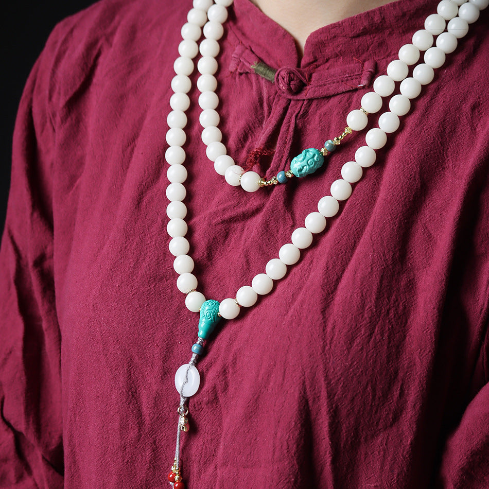 High-Polish White Jade Bodhi 108 Mala Beads Necklace with Turquoise-Look Accents and Safety Buckle – Sweater Chain Crossbody Style