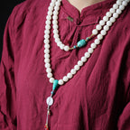 High-Polish White Jade Bodhi 108 Mala Beads Necklace with Turquoise-Look Accents and Safety Buckle – Sweater Chain Crossbody Style