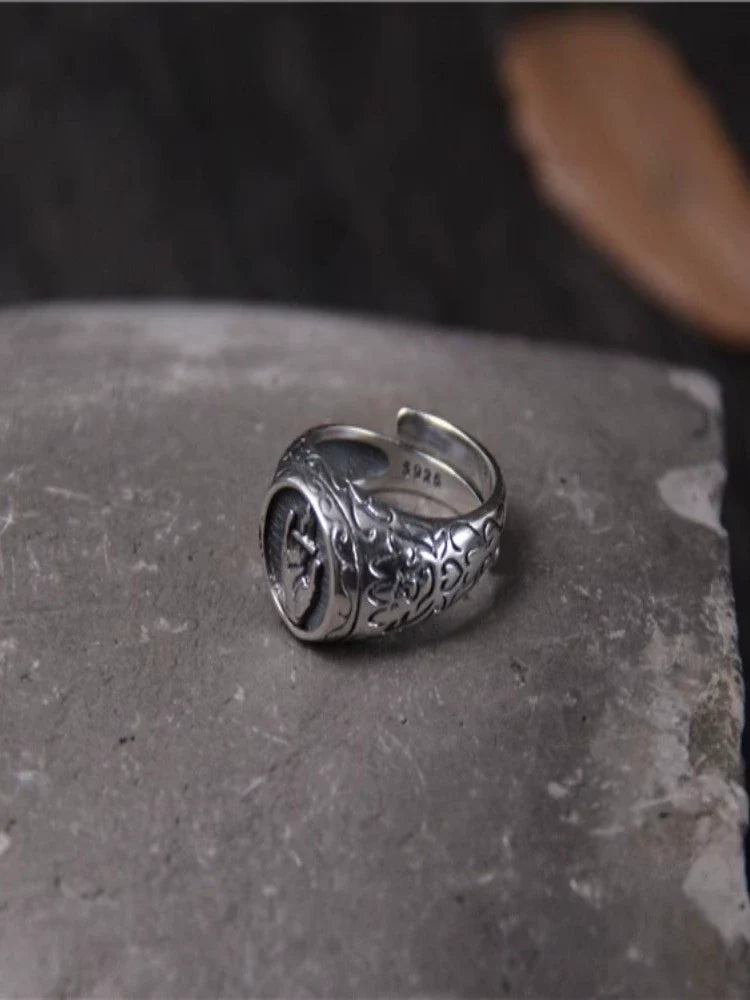 S925 Sterling Silver Vintage Silver Bergamot Orchid Finger Ring, Open Ring