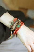 Vintage Wrap Bracelet · Red Agate, Ebony Wood & Brass · Multi-Layer Long Strand for Men and Women