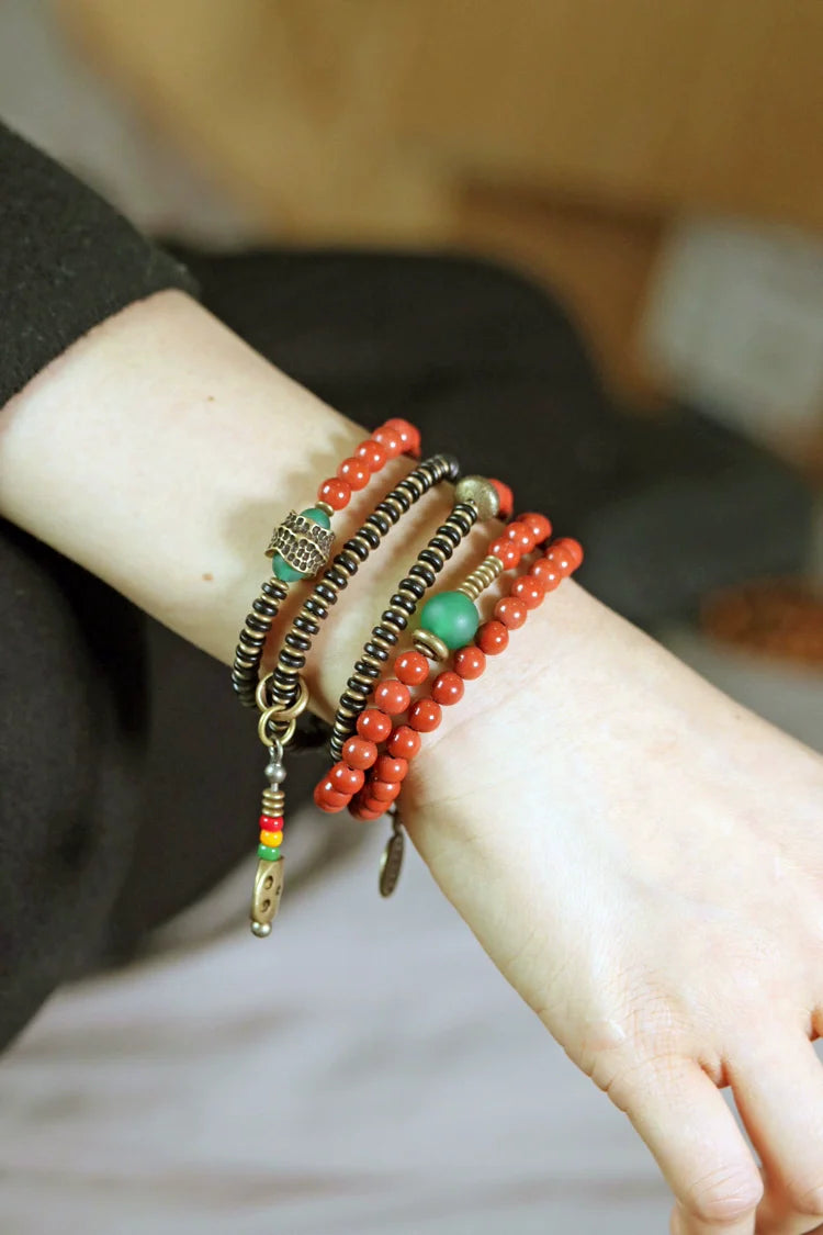 Vintage Wrap Bracelet · Red Agate, Ebony Wood & Brass · Multi-Layer Long Strand for Men and Women