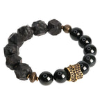 Tibetan Vintage Ebony Wood, Black Obsidian & Brass Bracelet – For Strength & Protection