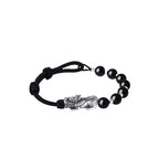 Natural Obsidian Hand-woven Boys Silver Pixiu Feng Shui Bracelet