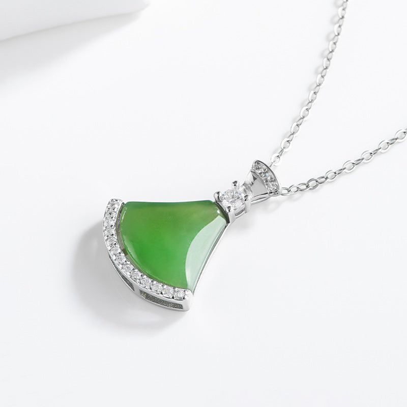 Natural Aged Hetian Green Jade “Little Dress” Pendant for Women, S925 Silver Setting