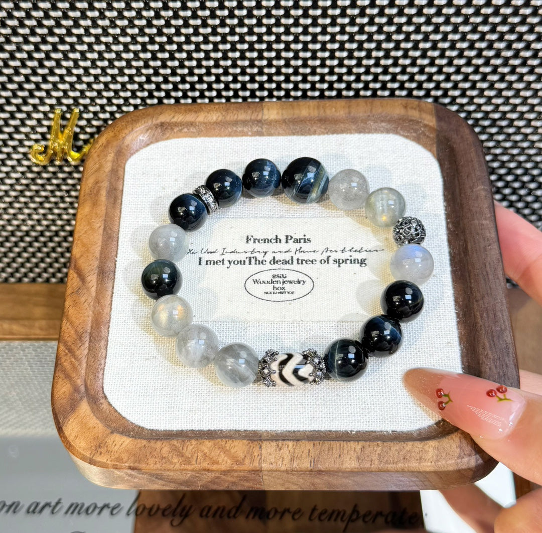 Nezha Series Bracelet Natural Gray Moonstone & Blue Tiger’s Eye Bracelet for Men