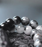 Double-Layer Black Rutilated Quartz Bracelet with White Crystal Pendant for Protection & Mental Clarity