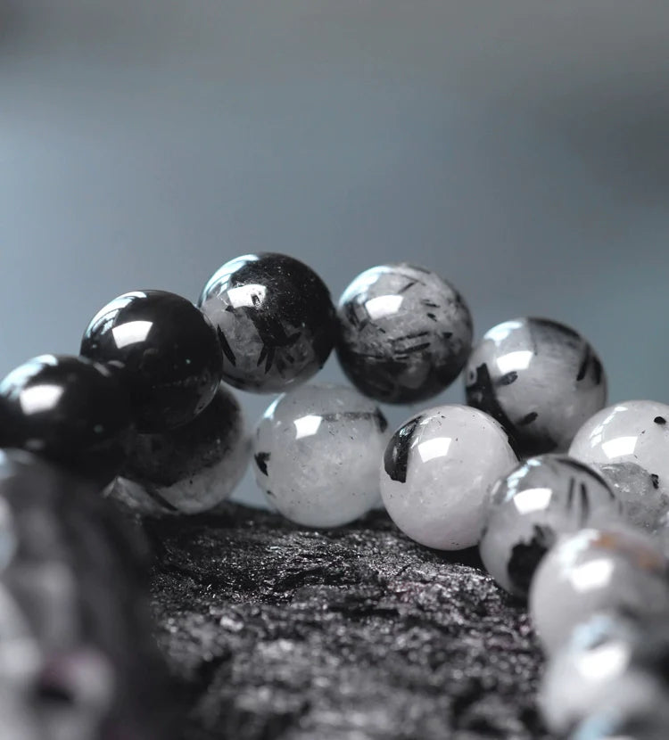Double-Layer Black Rutilated Quartz Bracelet with White Crystal Pendant for Protection & Mental Clarity
