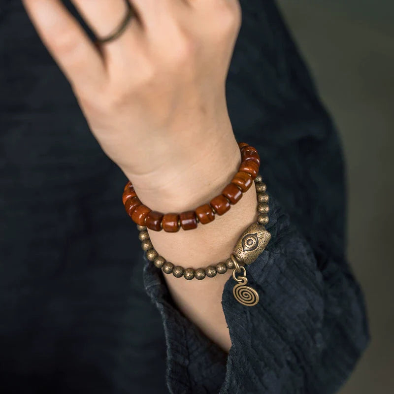 Tibetan Handmade Double-Wrap Yak Bone & Brass Dzi Bead Bracelet · Sacred Strength, Grounded Spirit