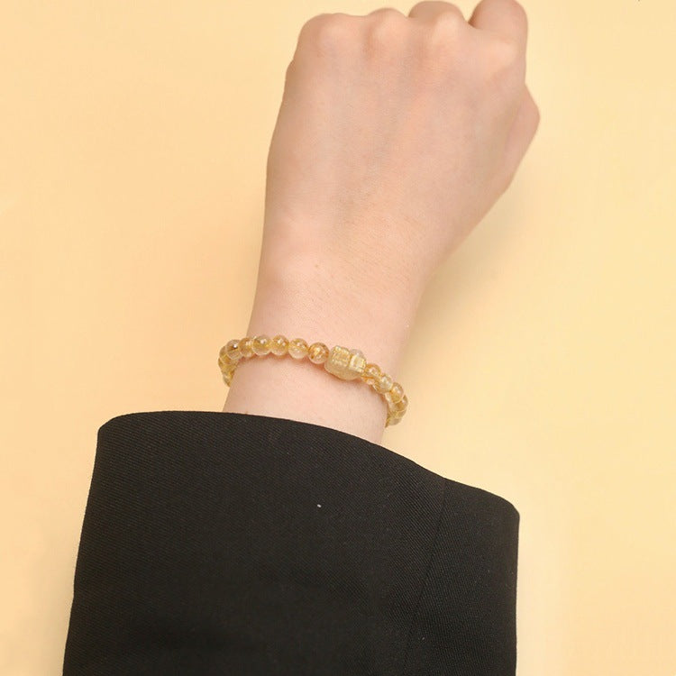Natural Rutilated Quartz Handmade Beaded Pixiu Feng Shui Bracelet