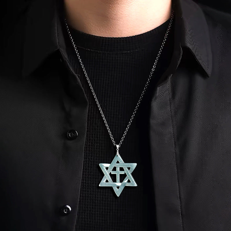 Natural Blue Water Jadeite Hexagram Cross Pendant – A-Grade Jade, S925 Silver, Unisex Fashion Necklace