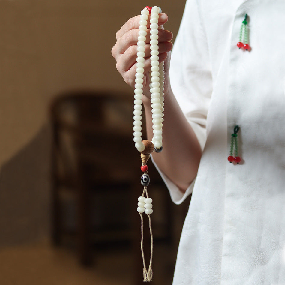 108 Mala Beads White Jade Bodhi Beads Bracelet with Boxwood Carved Heart Sutra Guru Bead