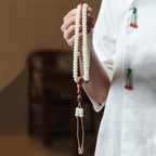 108 Mala Beads White Jade Bodhi Beads Bracelet with Boxwood Carved Heart Sutra Guru Bead