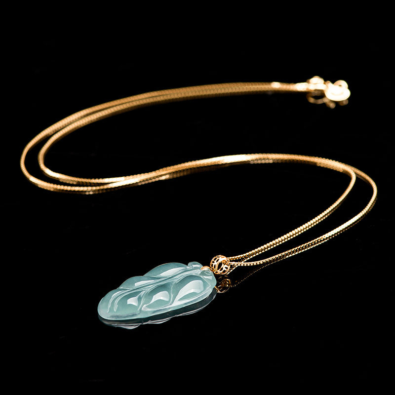 Natural Ice Blue Jadeite Leaf Pendant – Genuine A-Grade Blue Water Jade, 18K Gold Setting with 45cm Silver Chain