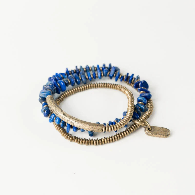 Irregular Lapis Lazuli& Brass Multi-Layer Bracelet Handcrafted Tibetan Jewelry for Protection & Balance
