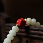108 Mala Beads White Jade Bodhi Beads Bracelet with Boxwood Carved Heart Sutra Guru Bead