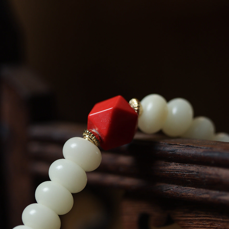 108 Mala Beads White Jade Bodhi Beads Bracelet with Boxwood Carved Heart Sutra Guru Bead